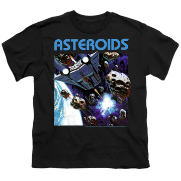 Black youth t-shirt for ages 8 to 12 with Atari 2600 Asteroids graphic