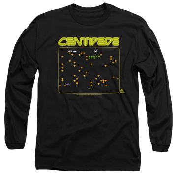 Black men's long sleeve t-shirt with Atari Centipede Screen graphic