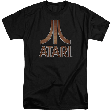 Black men's tall fit t-shirt with Atari Classic Wood Emblem graphic