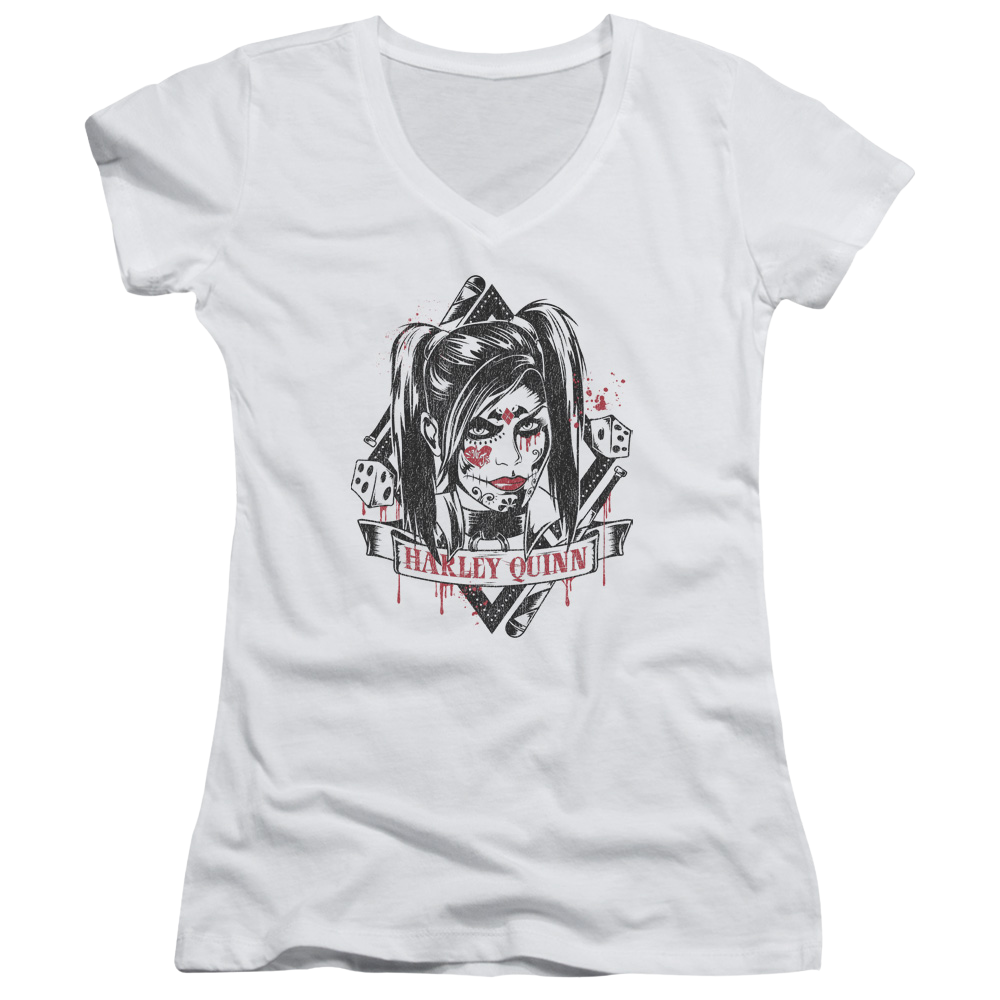 Batman - Arkham Sugar Quinn - Juniors V-Neck T-Shirt Juniors V-Neck T-Shirt Harley Quinn