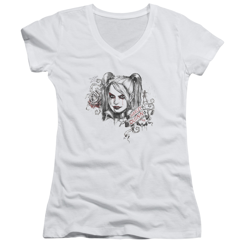 Batman - Arkham Sketchy Girl - Juniors V-Neck T-Shirt Juniors V-Neck T-Shirt Harley Quinn