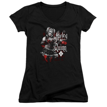 Batman - Arkham Dice - Juniors V-Neck T-Shirt Juniors V-Neck T-Shirt Harley Quinn