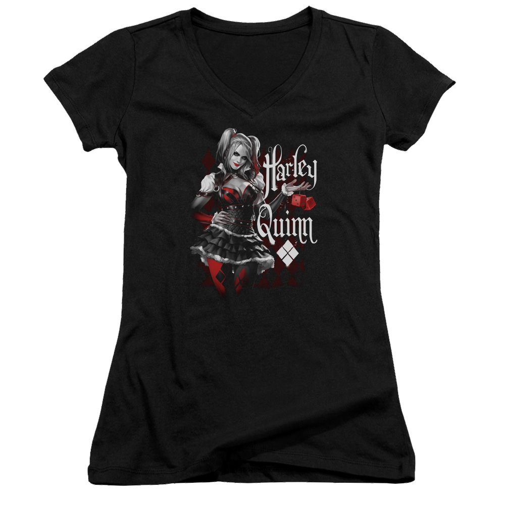 Batman - Arkham Dice - Juniors V-Neck T-Shirt Juniors V-Neck T-Shirt Harley Quinn