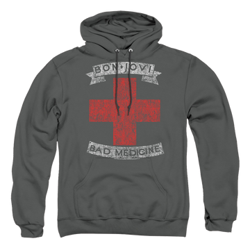 Charcoal pullover hoodie with Bon Jovi Bad Medicine graphic