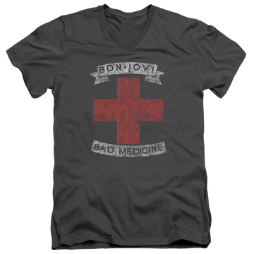 Charcoal men's v-neck t-shirt with Bon Jovi Bad Medicine graphic