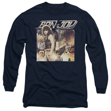 Navy men's long sleeve t-shirt with Bon Jovi Runaway Jon graphic