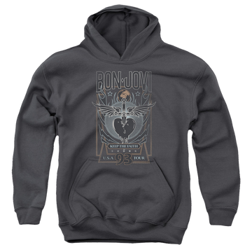 Charcoal youth hoodie for ages 8 to 12 with Bon Jovi Keep The Faith graphic