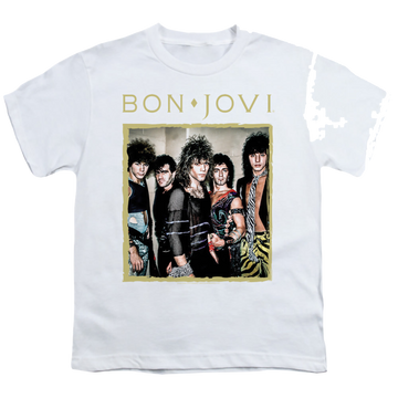White youth t-shirt for ages 8 to 12 with Bon Jovi Framed graphic