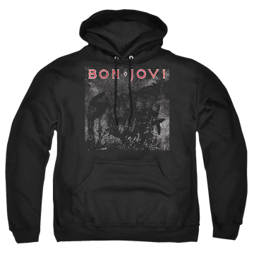 Black pullover hoodie with Bon Jovi Slippery Cover graphic