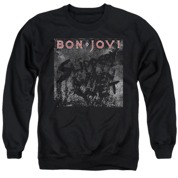 Black men's crewneck sweatshirt with Bon Jovi Slippery Cover graphic