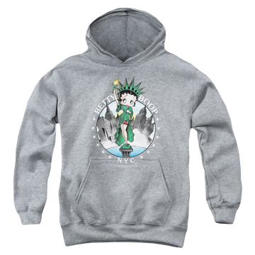 Athletic heather youth hoodie for ages 8 to 12 with Betty Boop Nyc graphic