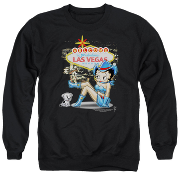 Black men's crewneck sweatshirt with Betty Boop Welcome Las Vegas graphic