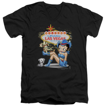 Black men's v-neck t-shirt with Betty Boop Welcome Las Vegas graphic