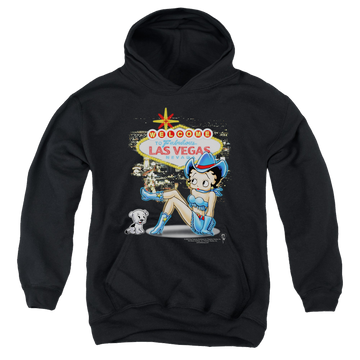Black youth hoodie for ages 8 to 12 with Betty Boop Welcome Las Vegas graphic
