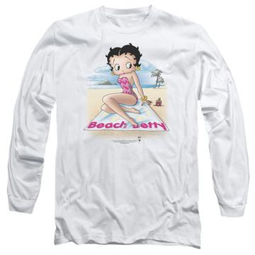 White men's long sleeve t-shirt with Betty Boop Beach Betty graphic