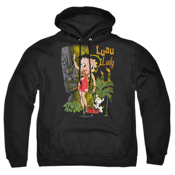Black pullover hoodie with Betty Boop Luau Lady graphic