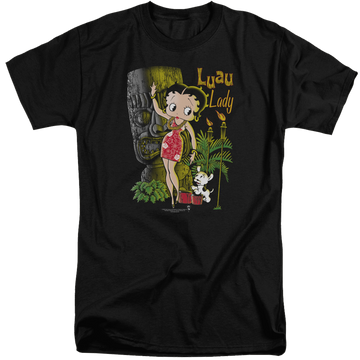 Black men's tall fit t-shirt with Betty Boop Luau Lady graphic