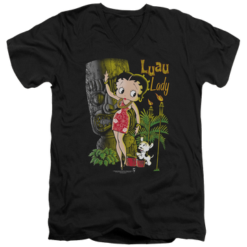 Black men's v-neck t-shirt with Betty Boop Luau Lady graphic