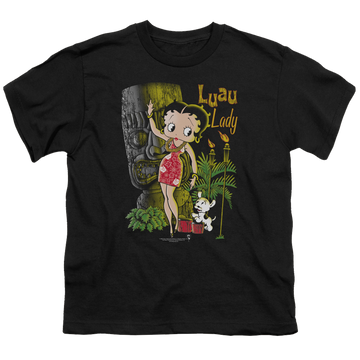 Black youth t-shirt for ages 8 to 12 with Betty Boop Luau Lady graphic