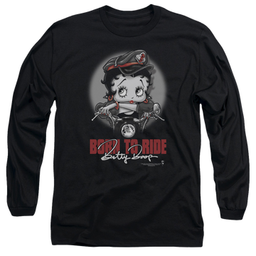 Black men's long sleeve t-shirt with Betty Boop Born To Ride graphic