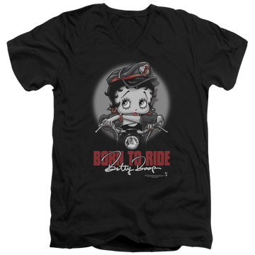 Black men's v-neck t-shirt with Betty Boop Born To Ride graphic