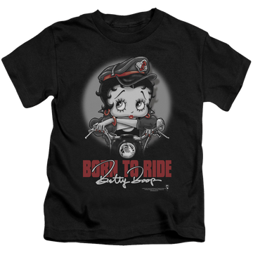 Black kid's t-shirt for ages 4 to 7 with Betty Boop Born To Ride graphic