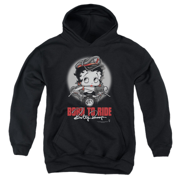 Black youth hoodie for ages 8 to 12 with Betty Boop Born To Ride graphic