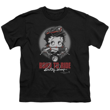 Black youth t-shirt for ages 8 to 12 with Betty Boop Born To Ride graphic