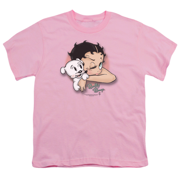 Pink youth t-shirt for ages 8 to 12 with Betty Boop Wink graphic