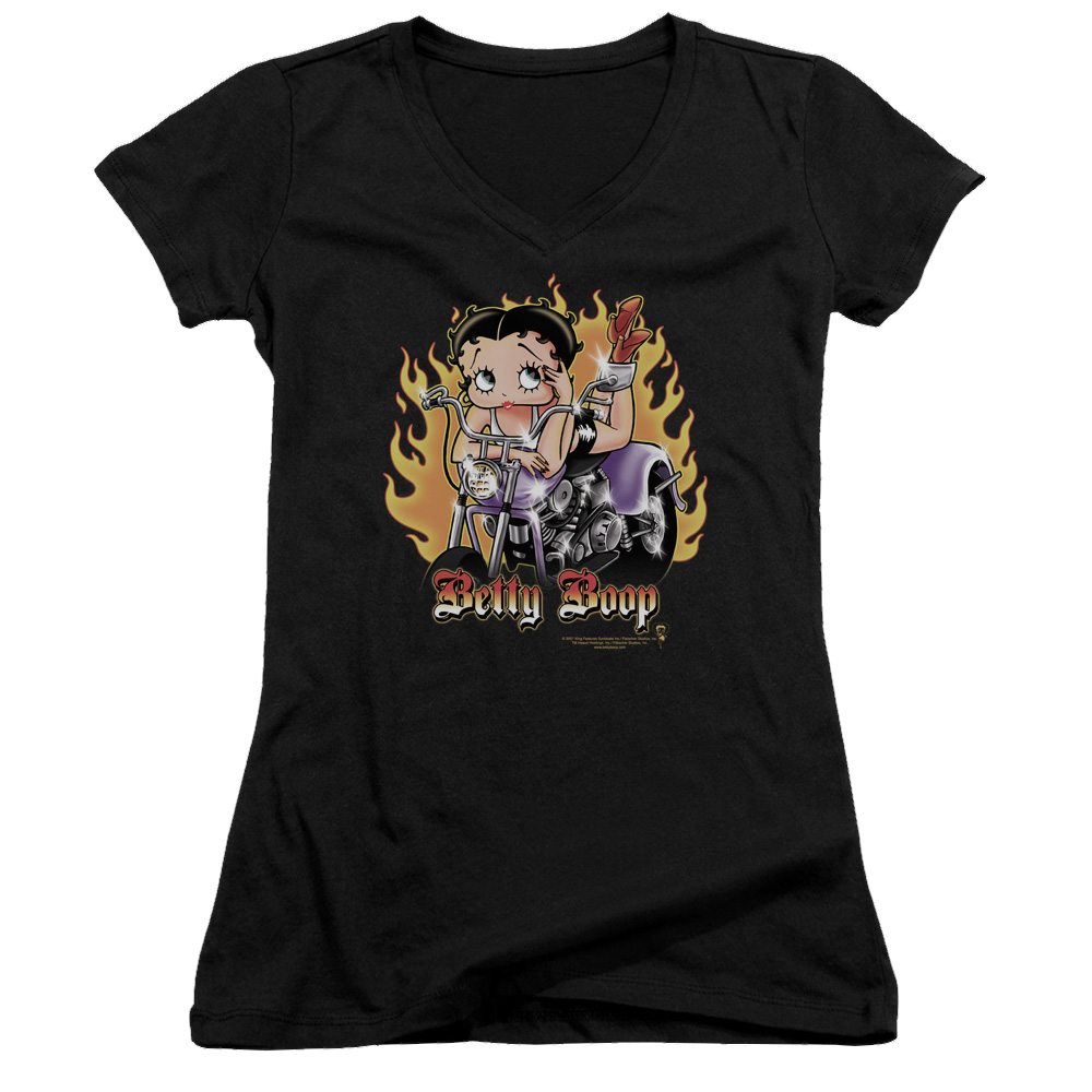 Betty Boop Biker Flames Boop - Juniors V-Neck T-Shirt Juniors V-Neck T-Shirt Betty Boop