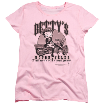 Pink women's t-shirt with Betty Boop Bettys Motorcycles graphic