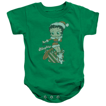 Kelly green baby bodysuit with Betty Boop Define Naughty graphic
