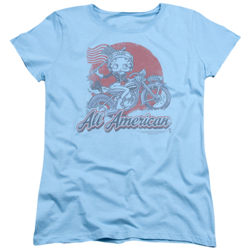Light blue women's t-shirt with Betty Boop All American Biker graphic
