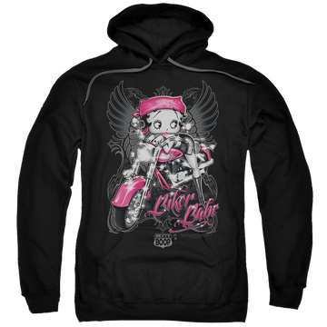 Black pullover hoodie with Betty Boop Biker Babe graphic