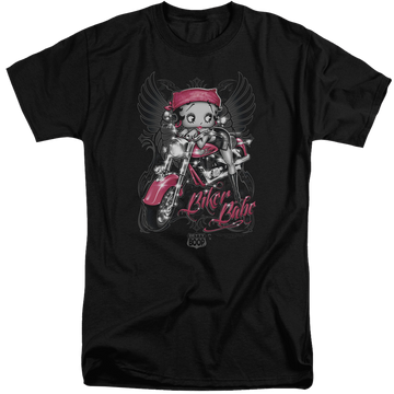 Black men's tall fit t-shirt with Betty Boop Biker Babe graphic
