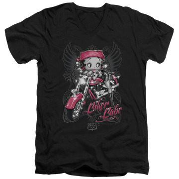 Black men's v-neck t-shirt with Betty Boop Biker Babe graphic