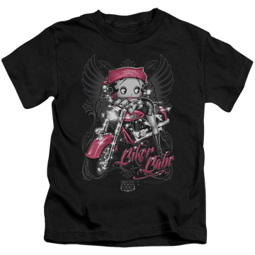 Black kid's t-shirt for ages 4 to 7 with Betty Boop Biker Babe graphic