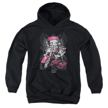 Black youth hoodie for ages 8 to 12 with Betty Boop Biker Babe graphic
