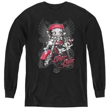 Black youth long sleeve t-shirt with Betty Boop Biker Babe graphic