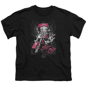 Black youth t-shirt for ages 8 to 12 with Betty Boop Biker Babe graphic