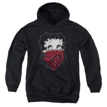 Black youth hoodie for ages 8 to 12 with Betty Boop Bandana & Roses graphic
