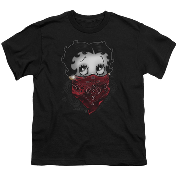 Black youth t-shirt for ages 8 to 12 with Betty Boop Bandana & Roses graphic