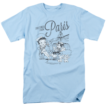 Light blue men's regular fit t-shirt with Betty Boop Greetings From Paris graphic