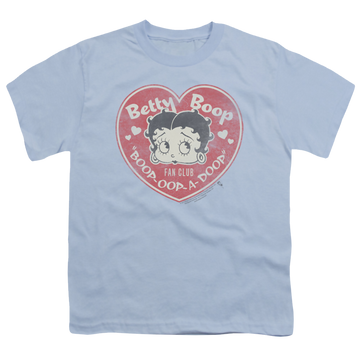 Light blue youth t-shirt for ages 8 to 12 with Betty Boop Fan Club Heart graphic