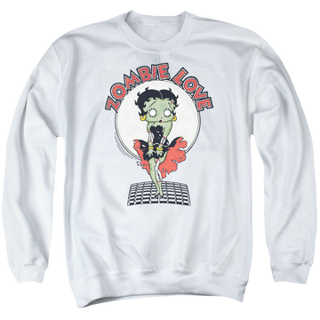 White men's crewneck sweatshirt with Betty Boop Breezy Zombie Love graphic