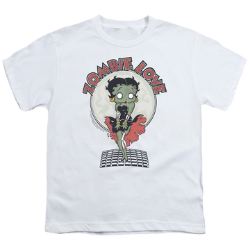 White youth t-shirt for ages 8 to 12 with Betty Boop Breezy Zombie Love graphic