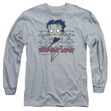 Athletic heather men's long sleeve t-shirt with Betty Boop Zombie Pinup graphic
