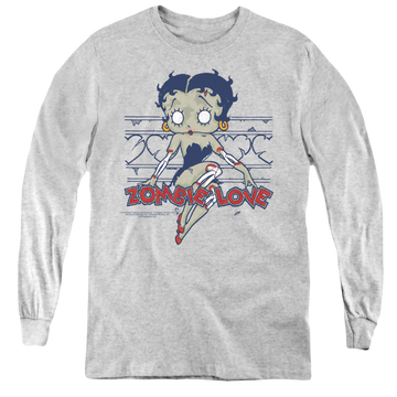 Athletic heather youth long sleeve t-shirt with Betty Boop Zombie Pinup graphic
