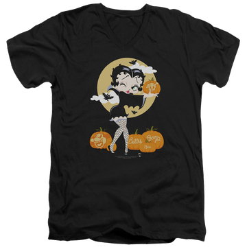 Black men's v-neck t-shirt with Betty Boop Vamp Pumkins graphic