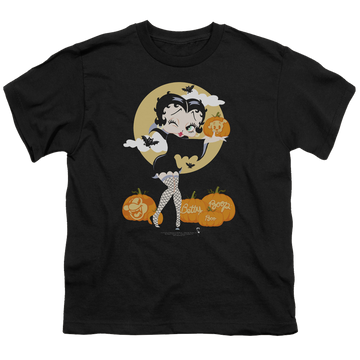 Black youth t-shirt for ages 8 to 12 with Betty Boop Vamp Pumkins graphic